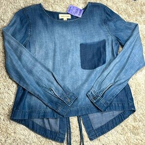 Cloth & Stone NEW Blouse Womens Size XS Blue Chambray Lace-Up Back Long Sleeve